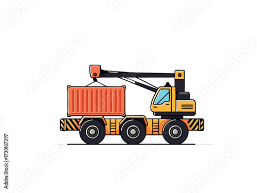 Vector Illustration of a Yellow Container Handler with an Orange Container on a White Background