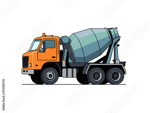 Orange Cement Truck Pixel Art on White Background Heavy Machinery Vector Illustration