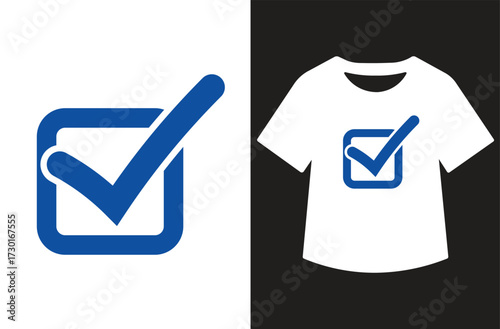 Split-screen vector design with blue checkmark in box on white background and white t-shirt featuring the same symbol on black background. Minimalist, bold, and graphic style.