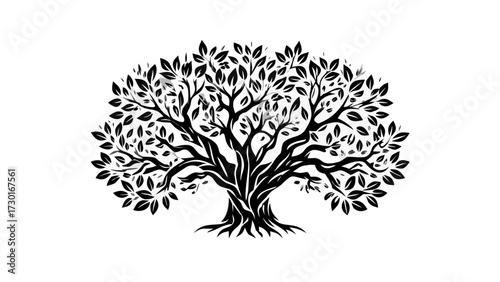 Majestic tree with intricate branches and leaves offers timeless symbolism for growth, strength, and resilience in natural designs and creative projects