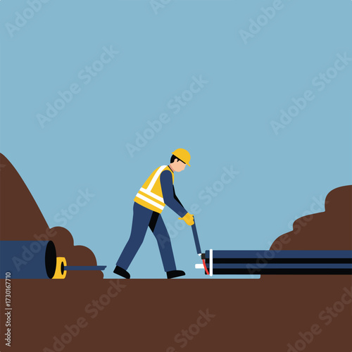 Flat illustration of worker connecting pipes in a trench with blue sky