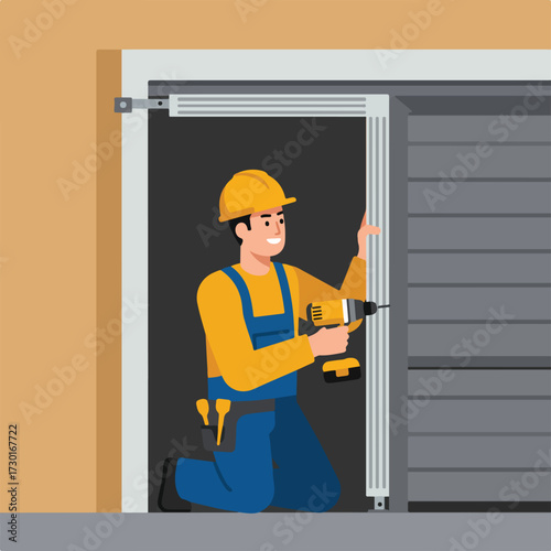 Cartoon man with drill fixing a gray metal rolling shutter door