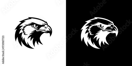 A striking black and white illustration of a hawk's head, presented on both a white and black background.