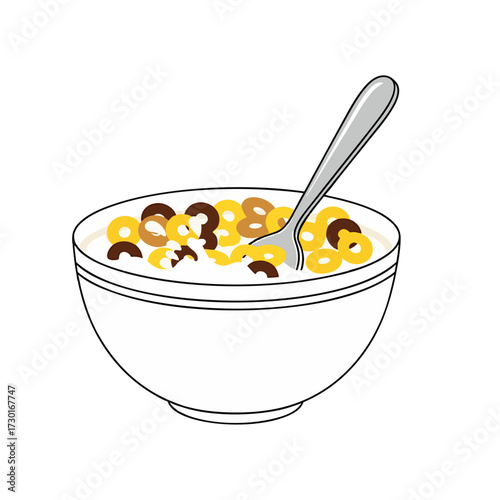 Cereal Bowl Vector Graphic Isolated on White Background Featuring White Bowl Yellow and Brown Cereal and Silver Spoon