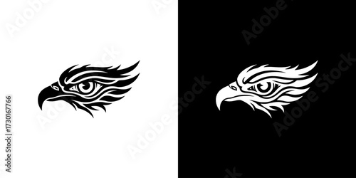 A stylized black and white illustration of a hawk's head in profile, set against contrasting backgrounds.