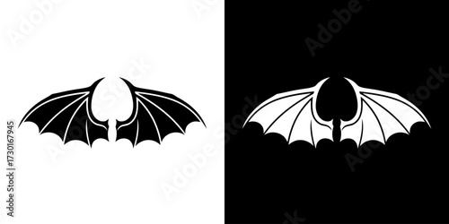 A symmetrical black and white graphic design featuring stylized bat wings spread wide, with a central element resembling a spade shape.