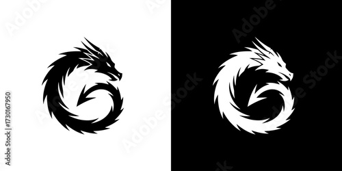 A stylized black dragon silhouette on a white background and a white dragon silhouette on a black background, presented side-by-side.