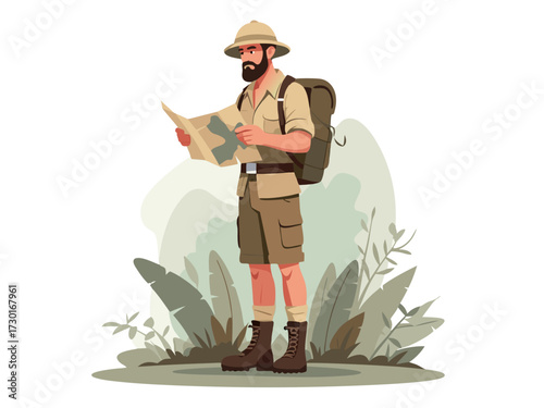 Man With Beard Wearing Safari Outfit Looking At Map In White Background