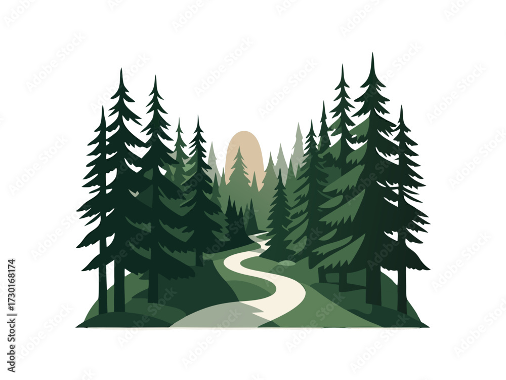Obraz premium Tranquil Forest Trail Illustration with Tall Evergreen Trees and Soft Moonlight on White Background
