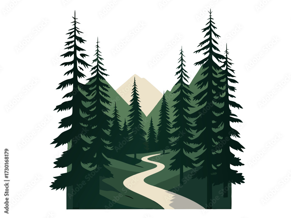 Obraz premium Forest and Mountain Pixel Art Scene with Winding Path in Shades of Green and Beige on White Background