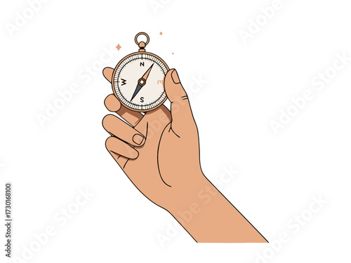 Hand Holding White and Gold Compass Pixel Art on White Background