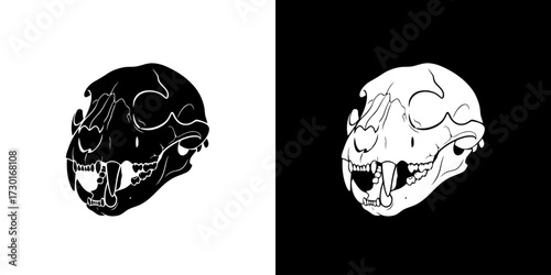 A striking black and white illustration of a feline skull, presented in two contrasting styles side-by-side.