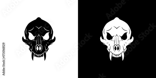A striking black and white graphic featuring a stylized skull with sharp teeth, presented on contrasting backgrounds.