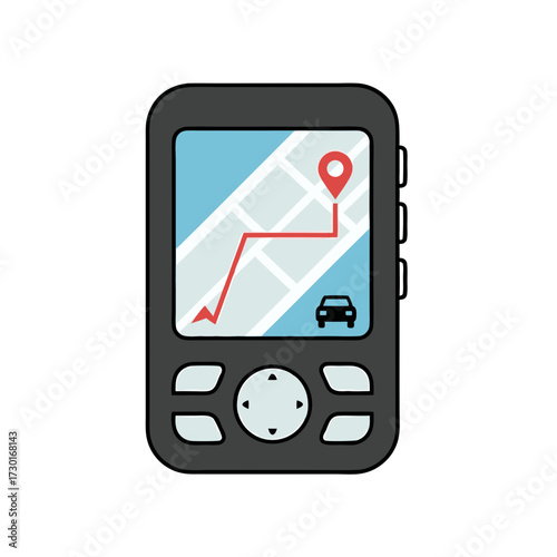 Digital Gps Navigator with Blue Screen Showing Red Route and Car Icon on White Background