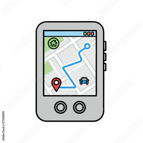 Hand Drawn Style Navigation Device Featuring Route Mapping and Car Icon on Light Gray Background Illustration