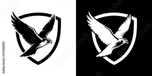 A striking black and white graphic emblem featuring a falcon in flight within a shield.