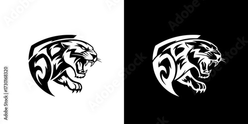 A tribal-style black panther logo with an aggressive expression, shown on both a white and black background.