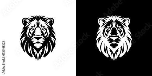 A striking black and white illustration of a lion's head, presented in two versions: one on a white background and the other on a black background.