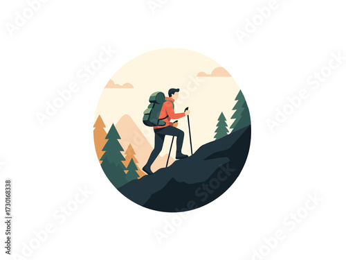 Man Hiking Up Mountain Vector Illustration in Green Orange and Black Colors With Walking Sticks Against Cloudy Sky in Circle