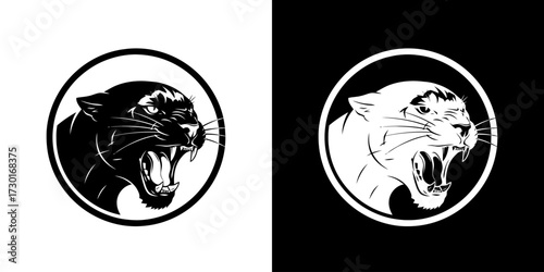 A striking black and white graphic featuring a snarling panther's head within a circle, presented twice against contrasting backgrounds.