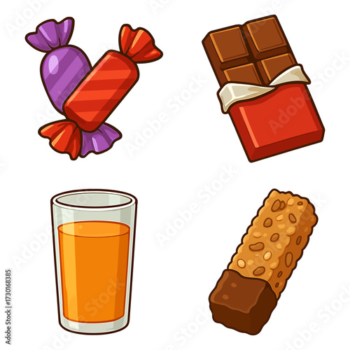 Cartoon Style Vector Collection of Candies, Chocolate, Juice, and Granola Bar