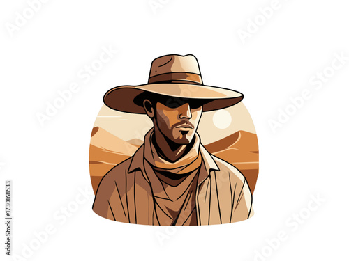Pixelated Illustration of Cowboy in Desert Landscape with Tan Hat and Shirt Against White Background with Warm Lighting
