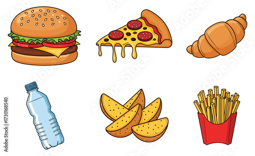Delicious Fast Food, Snacks, and Drink Assortment, Isolated on White Background
