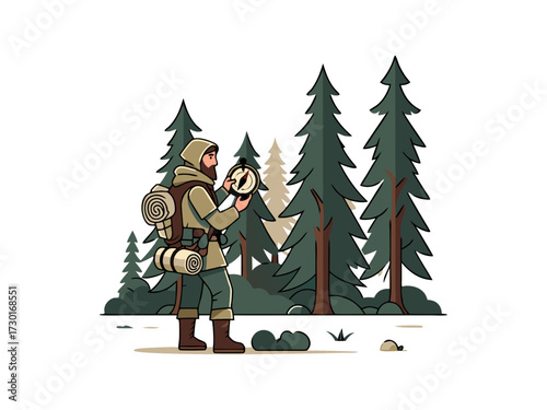 Pixel Art of Explorer in Green Forest with White Background Using Compass Pixelated Game Style