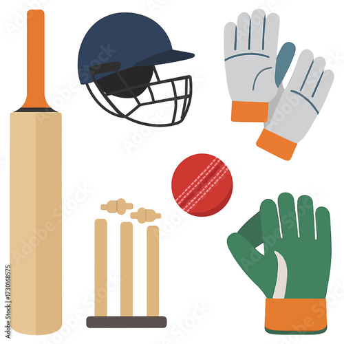 Essential Cricket Equipment Set isolated on white background