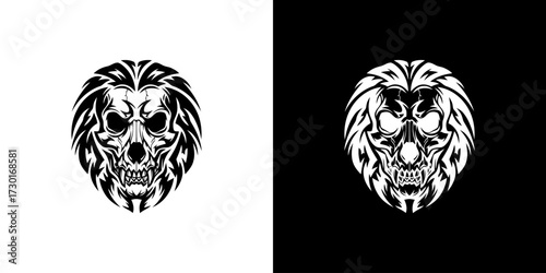 A striking black and white illustration of a skull with a lion's mane, presented on both a white and black background.