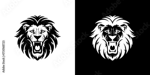 A striking black and white graphic illustration of a roaring lion's head, presented on both a white and a black background.
