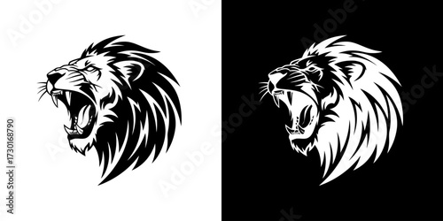 A striking black and white graphic illustration of a lion's head roaring, presented on both a white and black background.