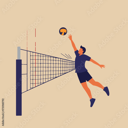 Volleyball player spiking the ball near the net on a tan backdrop