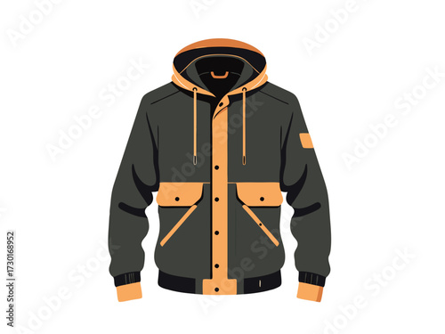 Pixel Art Illustration of a Dark Green Hoodie with Orange Accents on White Background Jacket With Pockets and Buttons
