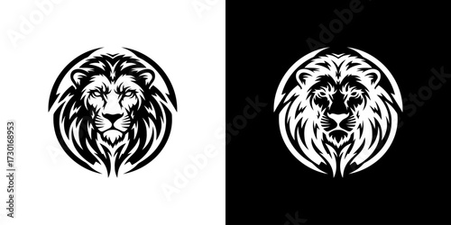 A striking black and white illustration of a lion's head within a circular emblem, presented on both a white and black background.