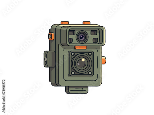 Isolated Olive Green Pixel Art Camera with Two Lenses and Orange Accents on Transparent White Background