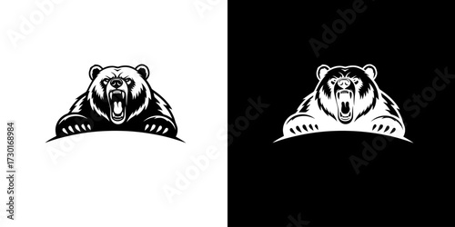 A fierce grizzly bear with its mouth open and claws extended, depicted in a black and white illustration.
