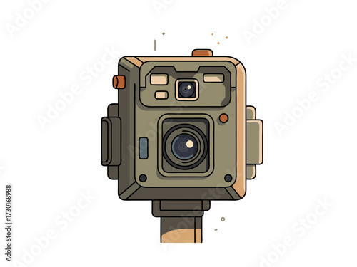 Isolated Retro Camera Pixel Art Illustration Against White Background Featuring a Vintage Device with a Square Body and Prominent Lens