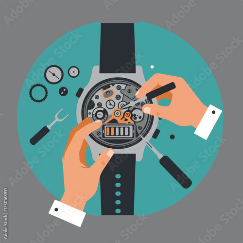 Watch repair hands delicately adjust gears inside a complex wristwatch mechanism