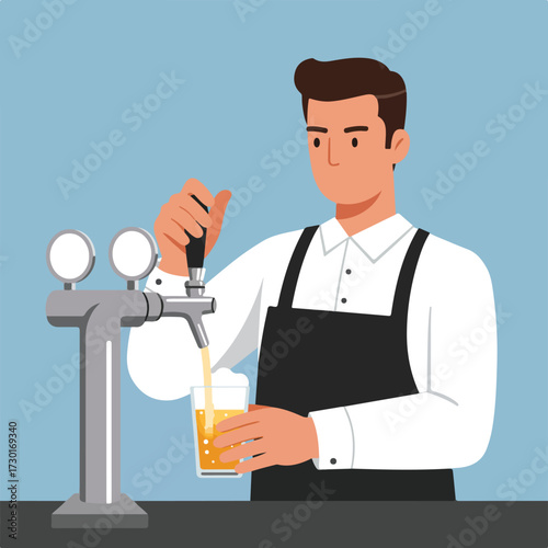 Bartender pours beer into glass from a tap with a light blue background