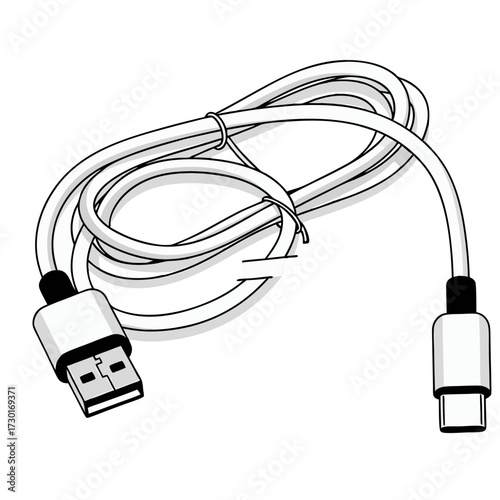 White Usb Cable with White Background Vector Illustration