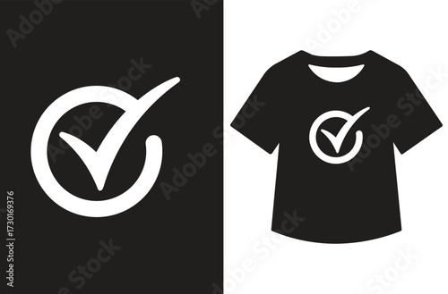 Split-screen vector design with white checkmark in box on white background and blackt-shirt featuring the same symbol on black background. Minimalist, bold, and graphic style.