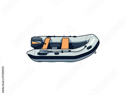 Isolated Pixel Art Style Gray Inflatable Dinghy with White Background and Orange Accents Detailed Illustration