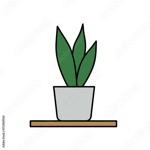 Potted Plant Illustration on Wooden Shelf Against White Background Minimalist Indoor Plant Vector Art Simple Graphic Design Evergreen Leaves in Grey