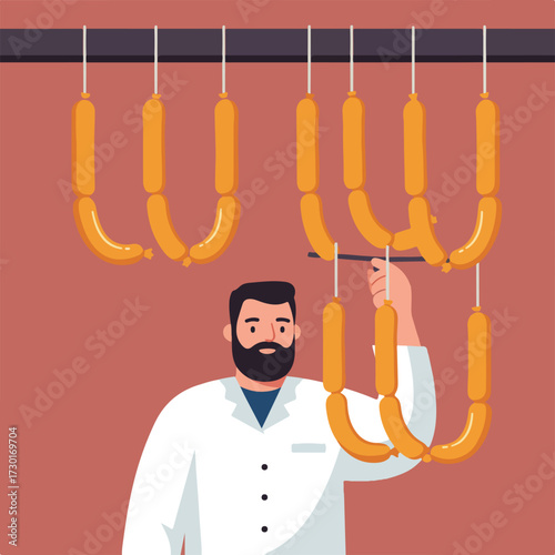 Man in lab coat with sausages hanging in rows being joined with a small stick