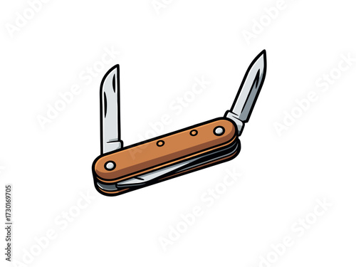 Orange Handled Pocket Knife with Two Silver Blades Open on a White Background
