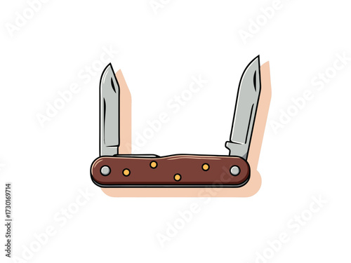 Pocket Knife Illustration with Brown Handle and Two Silver Blades on White Background Vector Graphic