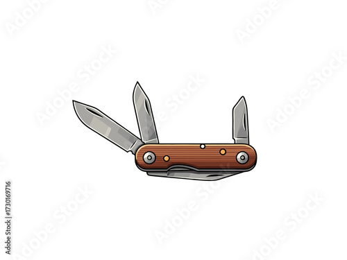 Brown Folded Pocket Knife with Multiple Blades Pixel Art on White Background