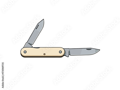 Opened Folding Knife with Ivory Handle and Silver Blade on a White Background Illustration