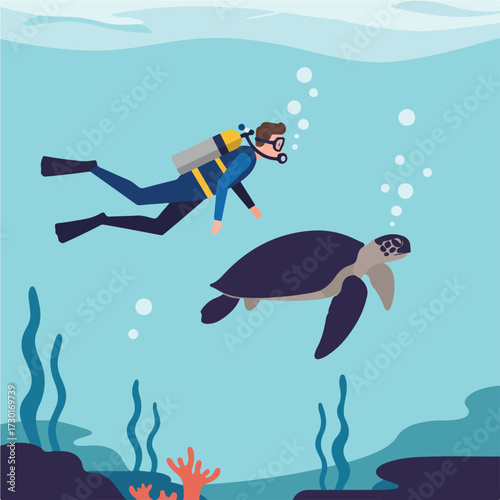 A diver with gear swims alongside a large sea turtle underwater